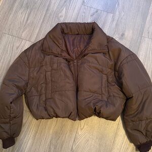 Brown Cropped Lightweight Puffer Jacket | Perfect for Spring | Zip-Up